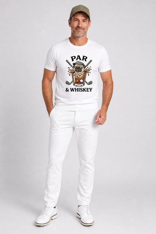 White t-shirt with pug golf par and whiskey print, unisex crew neck