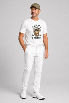 Woman wearing white t-shirt with pug golf par and whiskey print