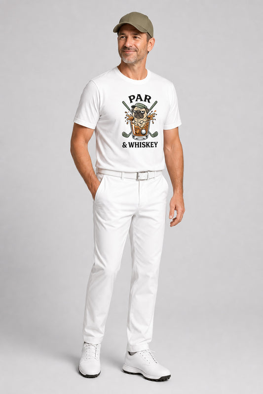 Woman wearing white t-shirt with pug golf par and whiskey print