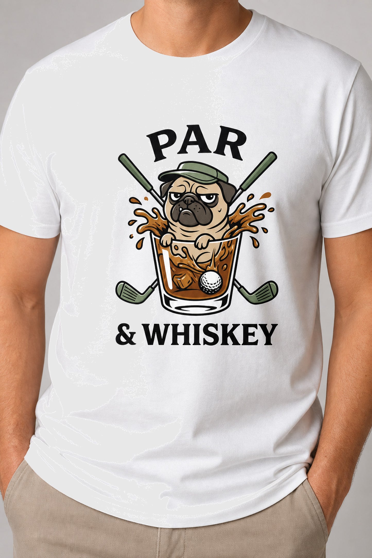 Man wearing white t-shirt with pug golf par and whiskey print