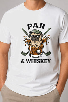 Man wearing white t-shirt with pug golf par and whiskey print