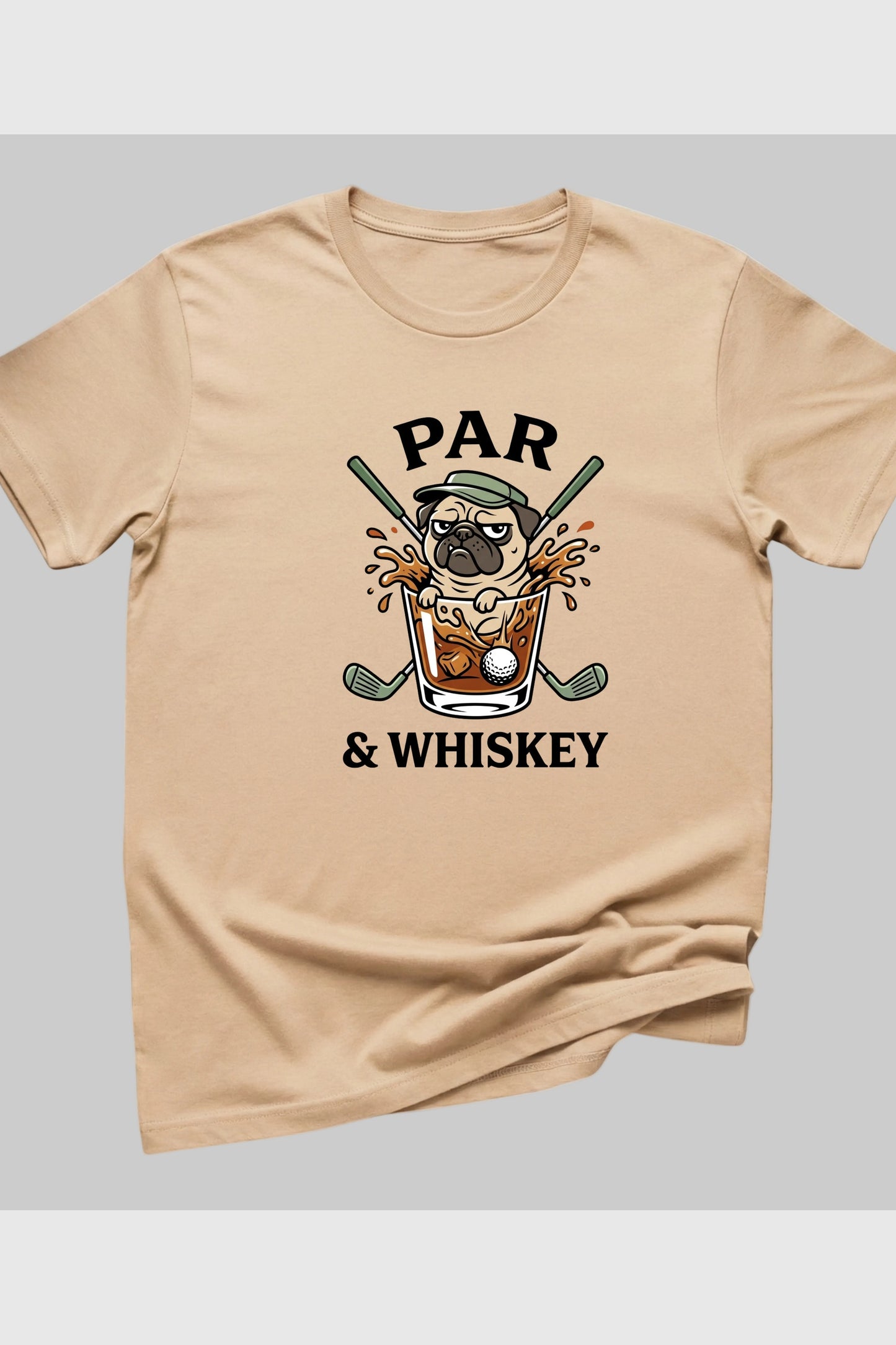 Pug golf par and whiskey print close-up on white t-shirt