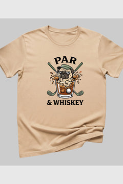 Pug golf par and whiskey print close-up on white t-shirt