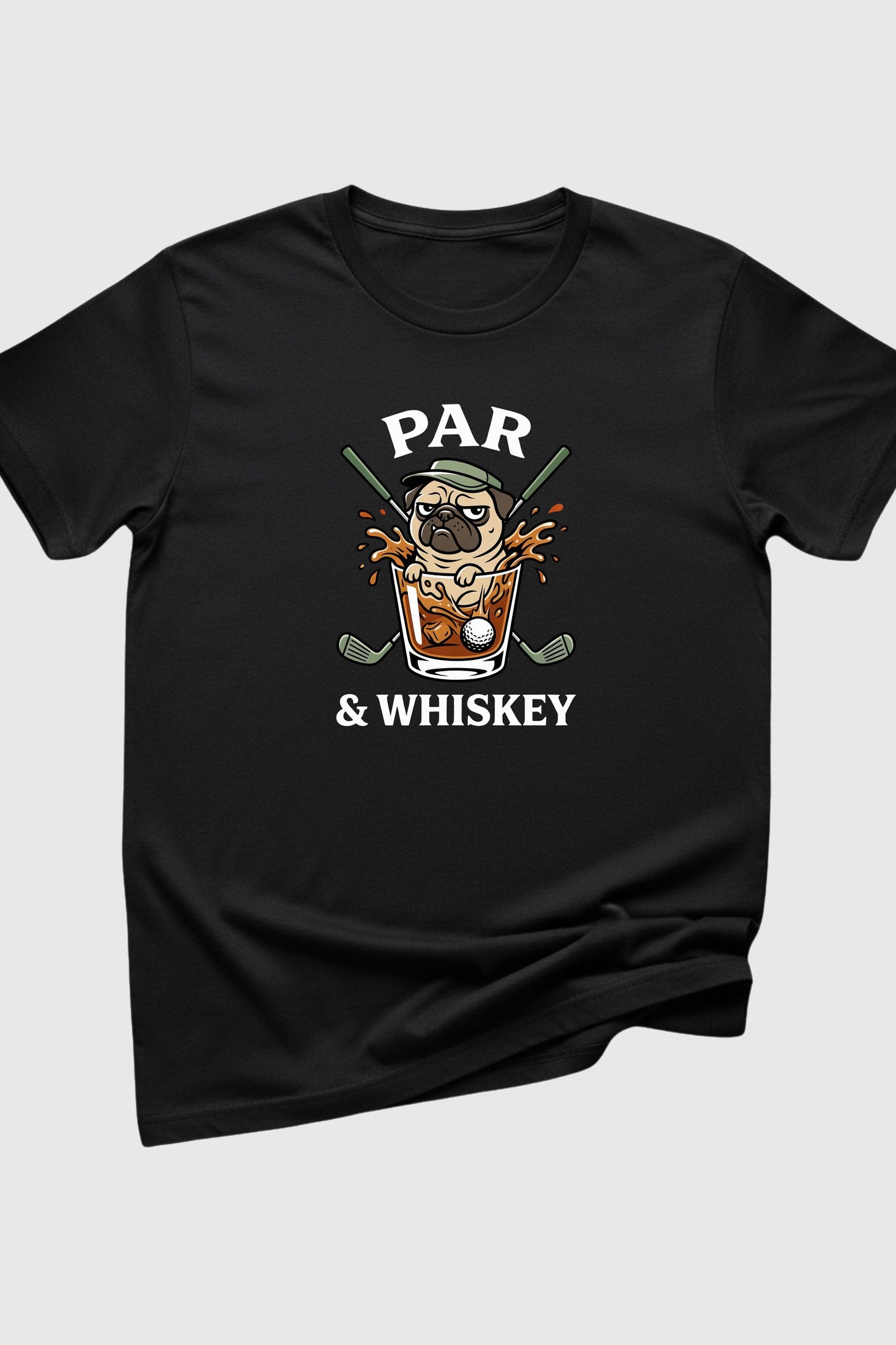 Heather gray t-shirt with pug golf par and whiskey print, unisex crew neck