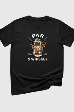 Heather gray t-shirt with pug golf par and whiskey print, unisex crew neck