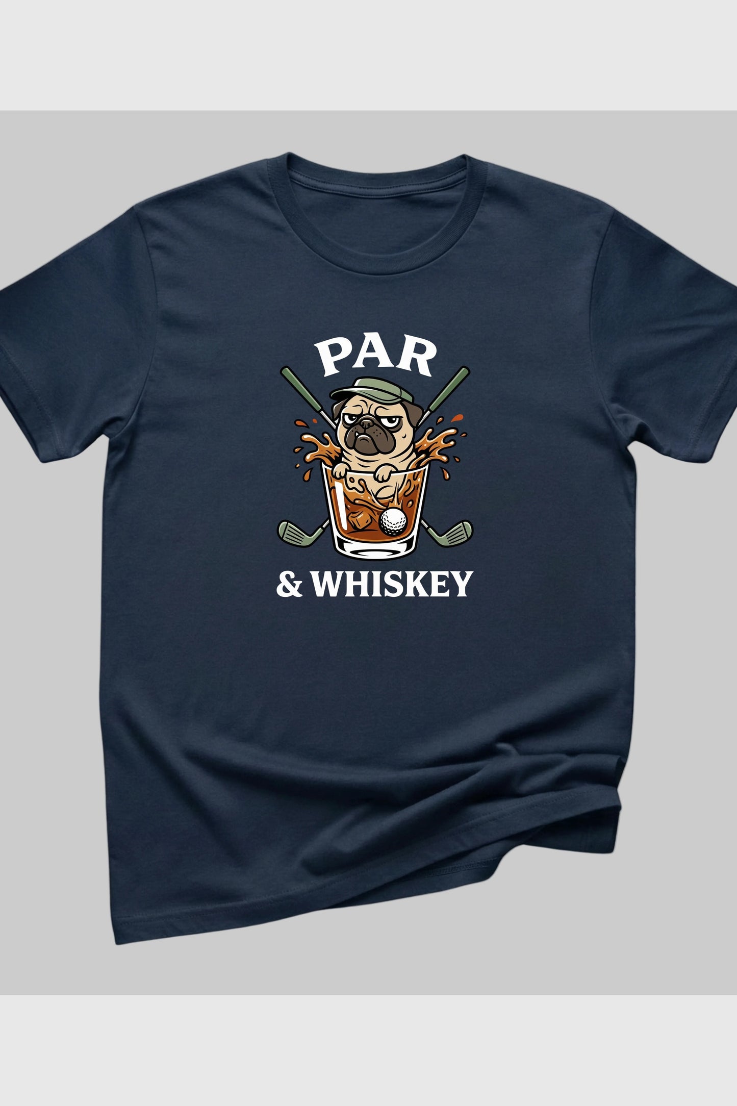 Navy t-shirt with pug golf par and whiskey print, unisex crew neck