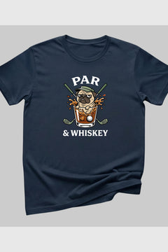 Navy t-shirt with pug golf par and whiskey print, unisex crew neck