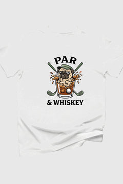 Forest green t-shirt with pug golf par and whiskey print, unisex crew neck
