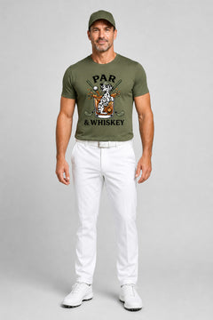 White t-shirt with dalmatian golf par and whiskey print, unisex crew neck