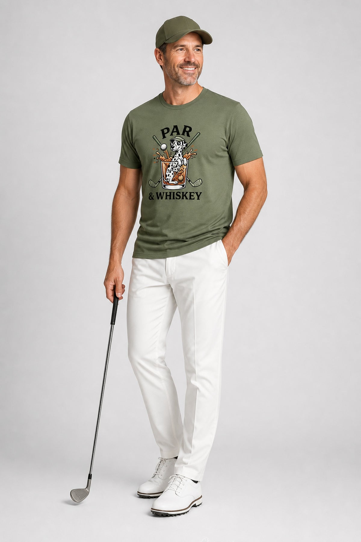 Woman wearing white t-shirt with dalmatian golf par and whiskey print