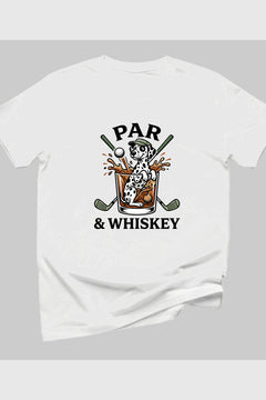 Dalmatian golf par and whiskey print close-up on white t-shirt