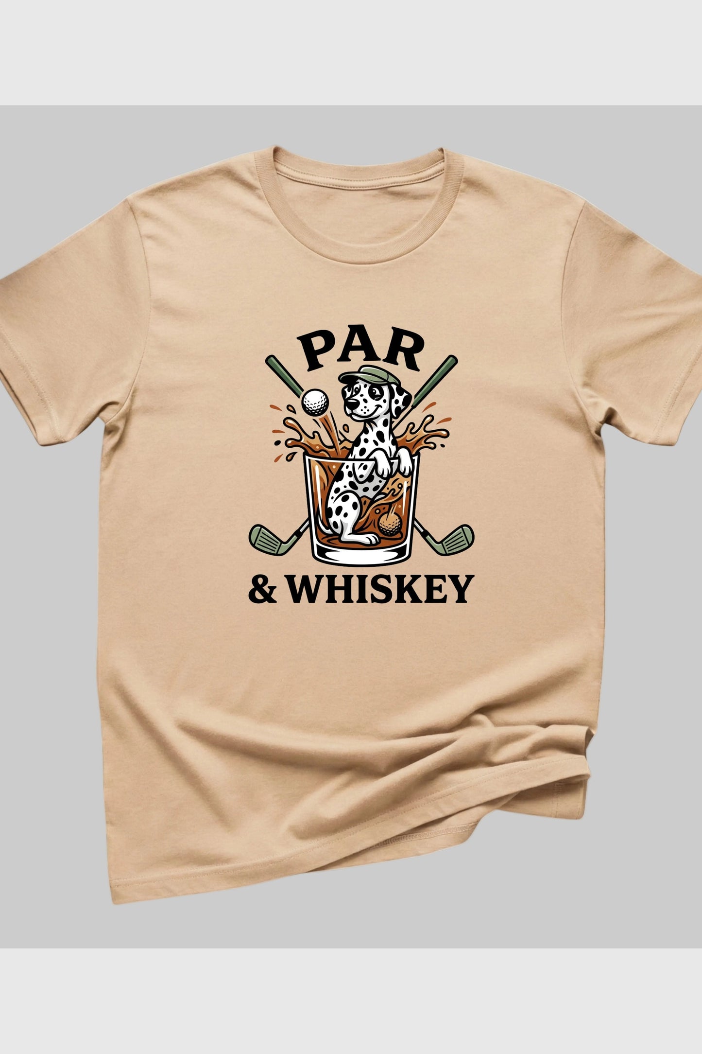 Black t-shirt with dalmatian golf par and whiskey print, unisex crew neck