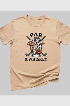 Black t-shirt with dalmatian golf par and whiskey print, unisex crew neck