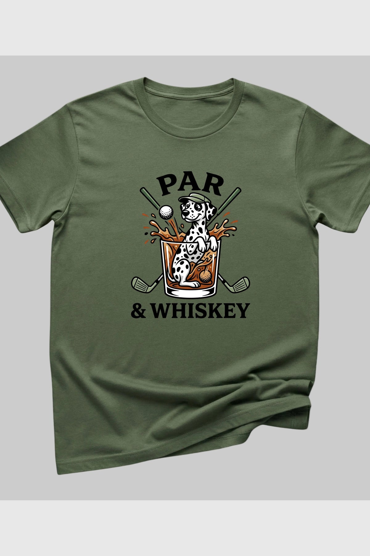 Heather gray t-shirt with dalmatian golf par and whiskey print, unisex crew neck