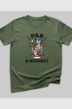 Heather gray t-shirt with dalmatian golf par and whiskey print, unisex crew neck