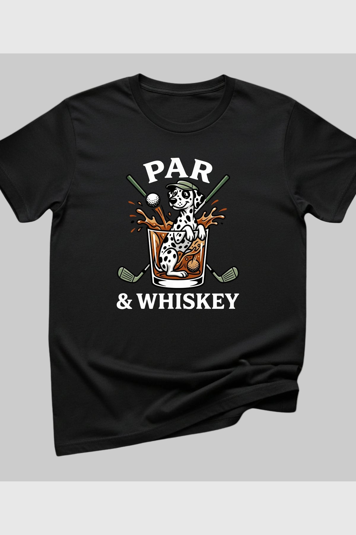 Navy t-shirt with dalmatian golf par and whiskey print, unisex crew neck