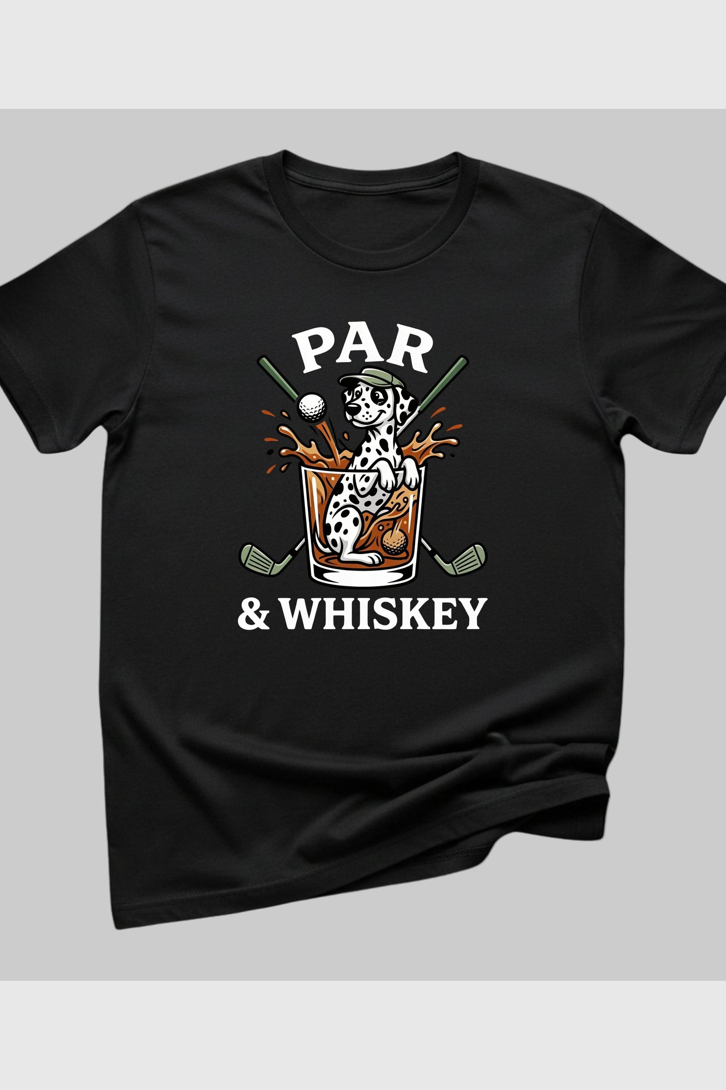 Navy t-shirt with dalmatian golf par and whiskey print, unisex crew neck