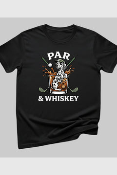 Navy t-shirt with dalmatian golf par and whiskey print, unisex crew neck
