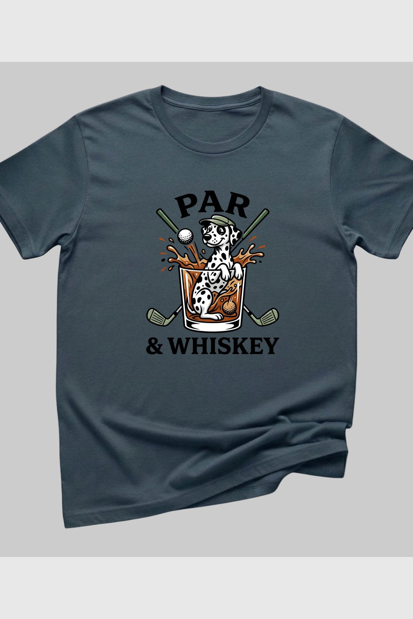 Sand t-shirt with dalmatian golf par and whiskey print, unisex crew neck
