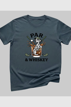 Sand t-shirt with dalmatian golf par and whiskey print, unisex crew neck