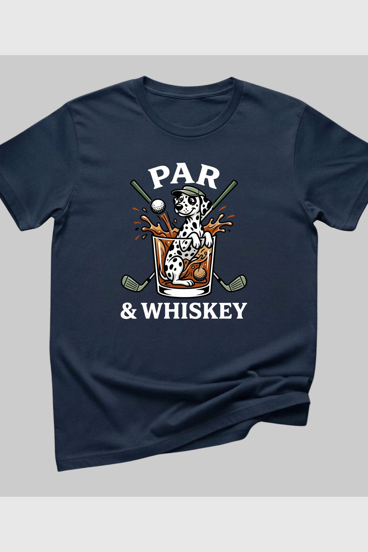 Forest green t-shirt with dalmatian golf par and whiskey print, unisex crew neck