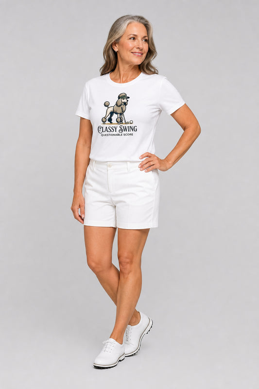 Woman wearing white t-shirt with poodle golf classy swing print