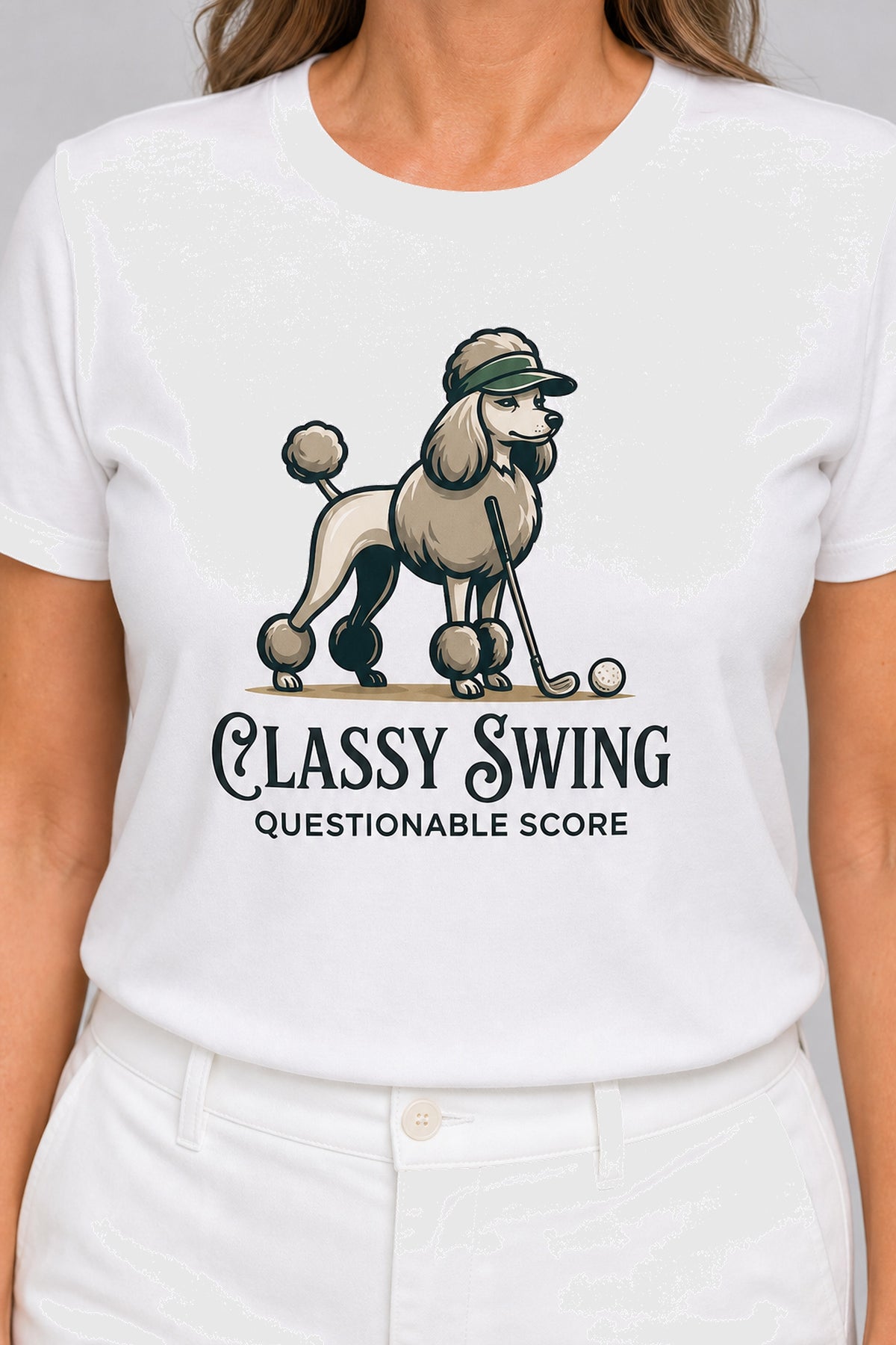 Man wearing white t-shirt with poodle golf classy swing print