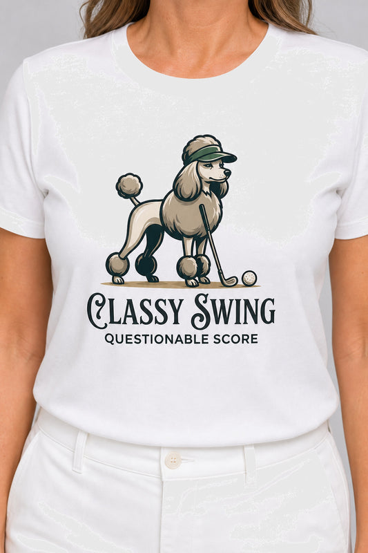 Man wearing white t-shirt with poodle golf classy swing print