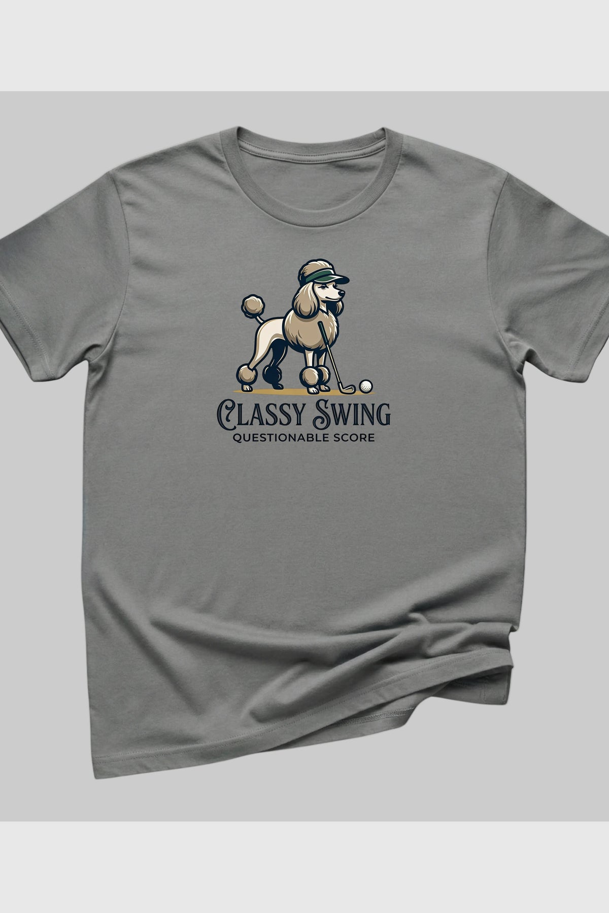 Poodle golf classy swing print close-up on white t-shirt