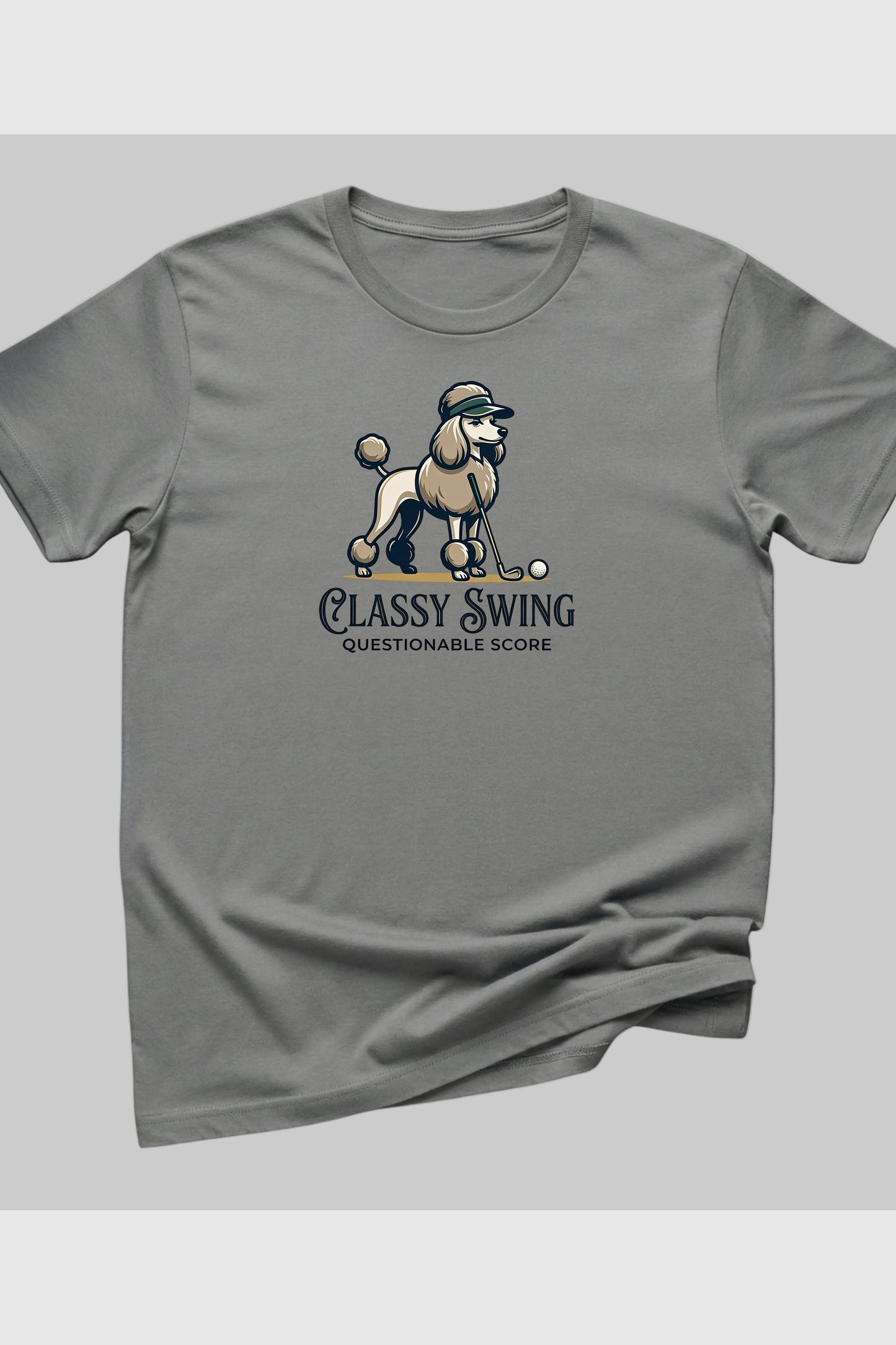 Poodle golf classy swing print close-up on white t-shirt