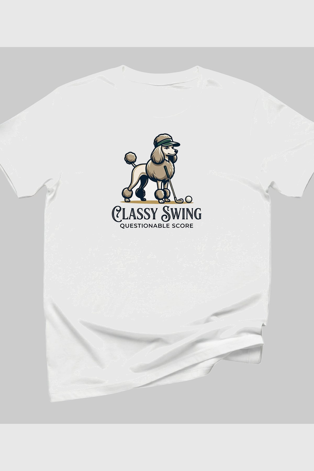 Heather gray t-shirt with poodle golf classy swing print, unisex crew neck