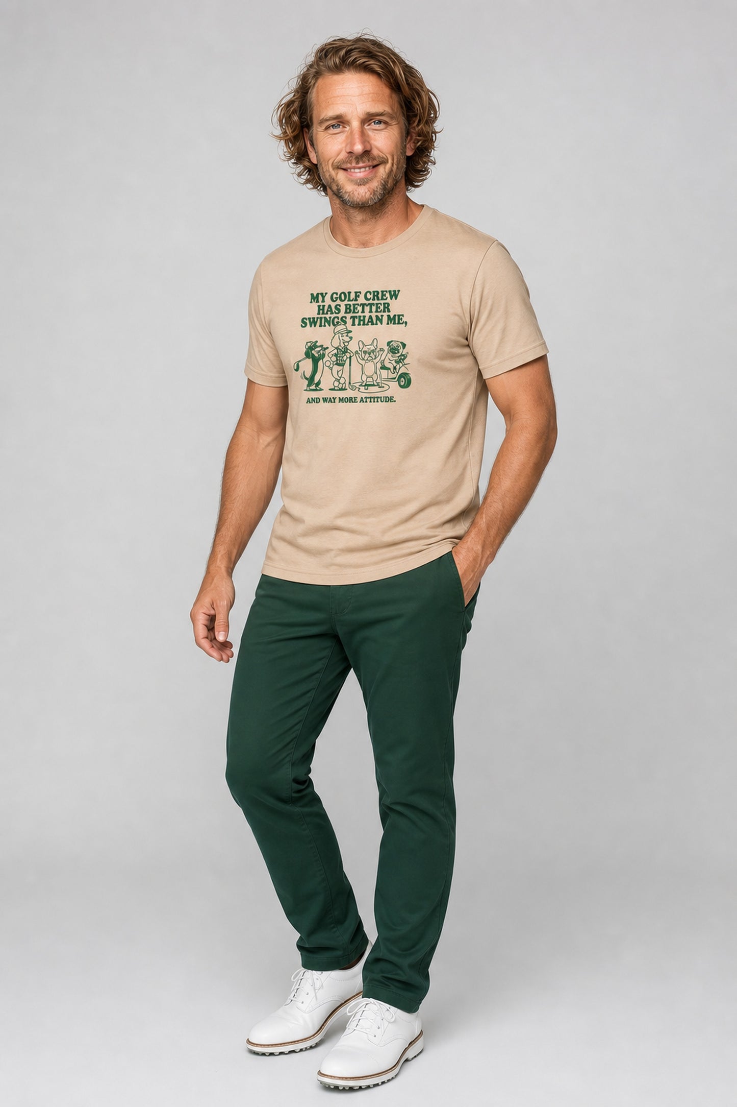 White t-shirt with dog golf my crew has better swings print, unisex crew neck