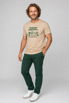 White t-shirt with dog golf my crew has better swings print, unisex crew neck