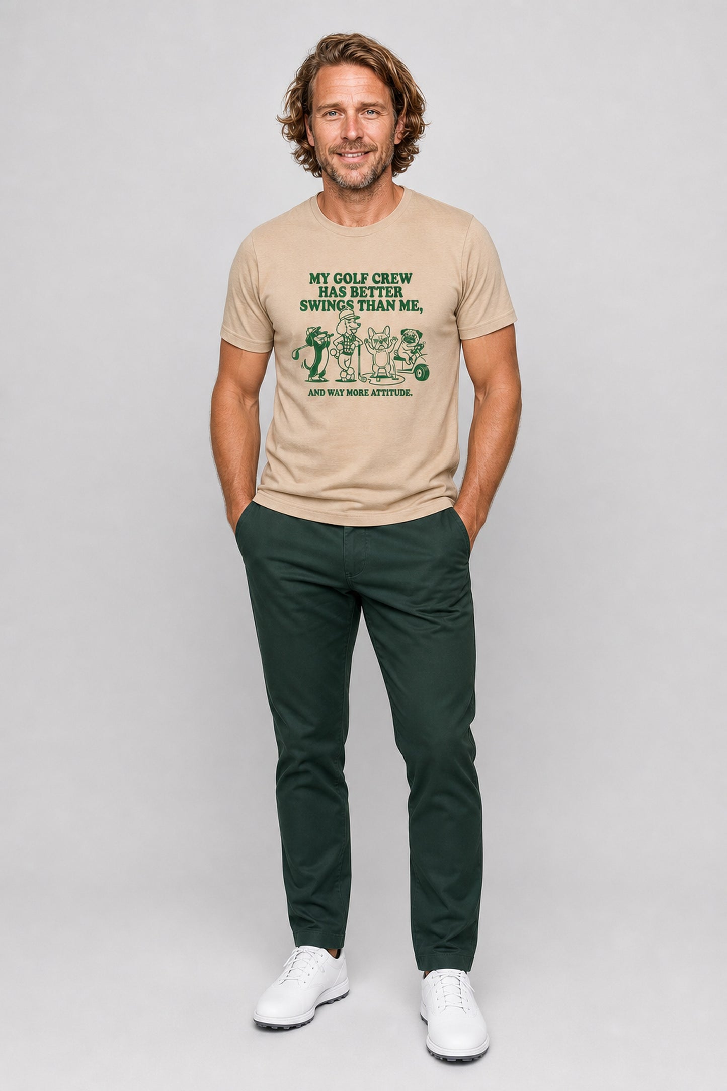 Woman wearing white t-shirt with dog golf better swings print