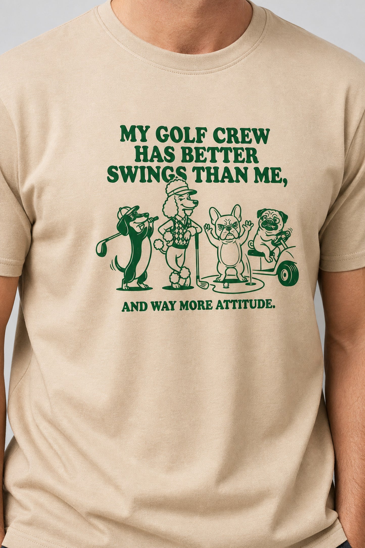 Man wearing white t-shirt with dog golf better swings print