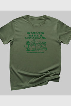 Dog golf my crew has better swings print close-up on white t-shirt