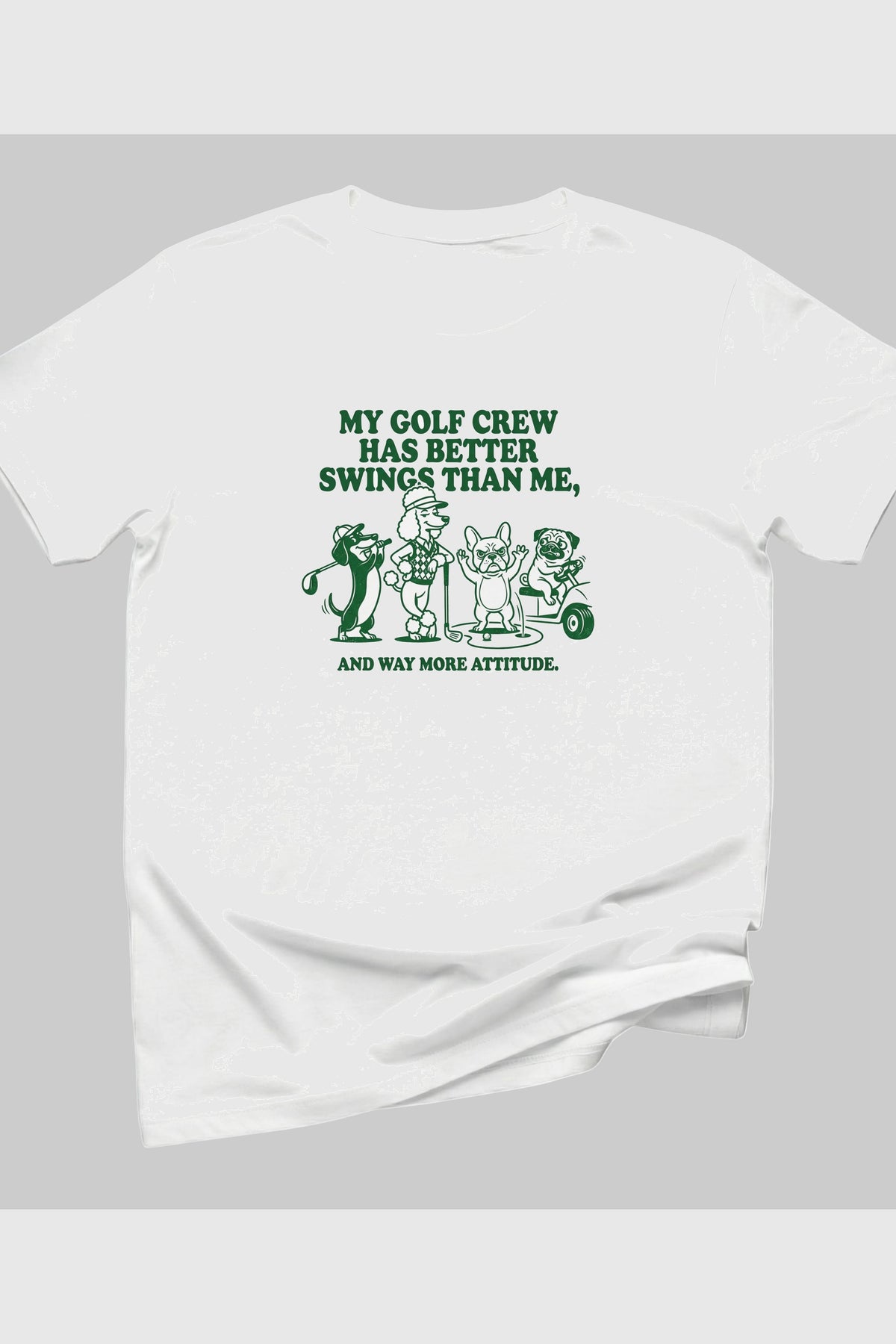 Heather gray t-shirt with dog golf better swings print, unisex crew neck