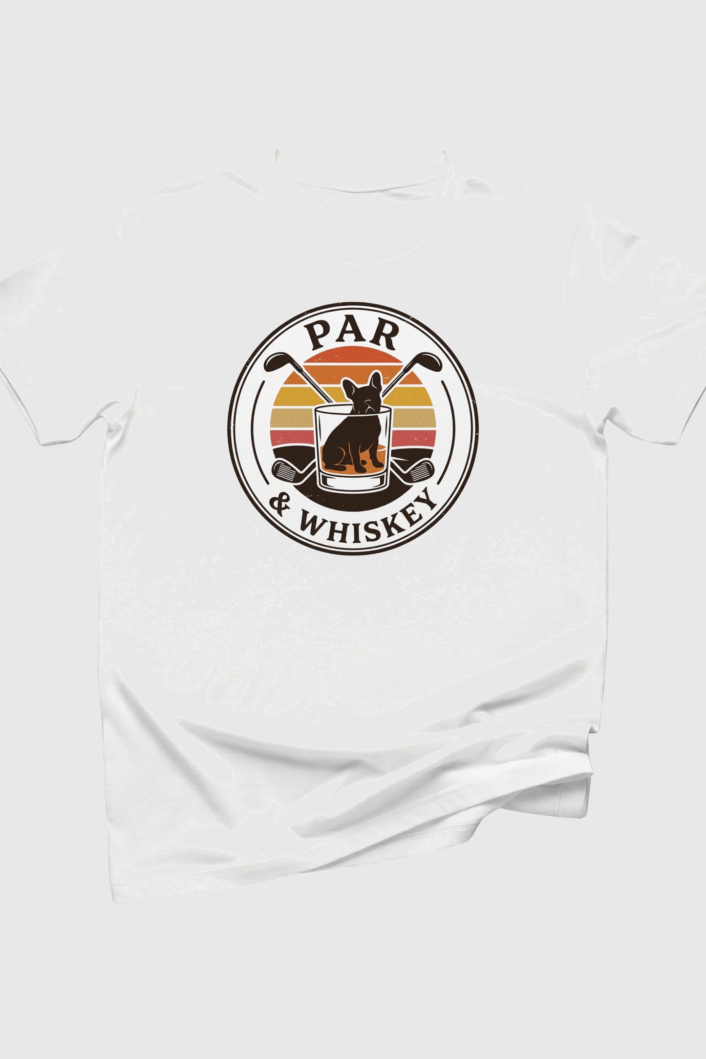 French bulldog golf par and whiskey retro print close-up on white t-shirt