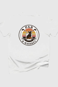 French bulldog golf par and whiskey retro print close-up on white t-shirt