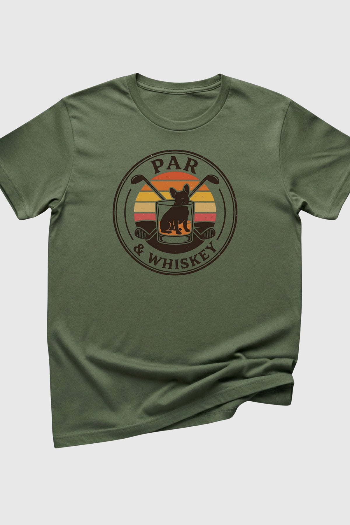 Heather gray t-shirt with french bulldog golf retro print, unisex crew neck