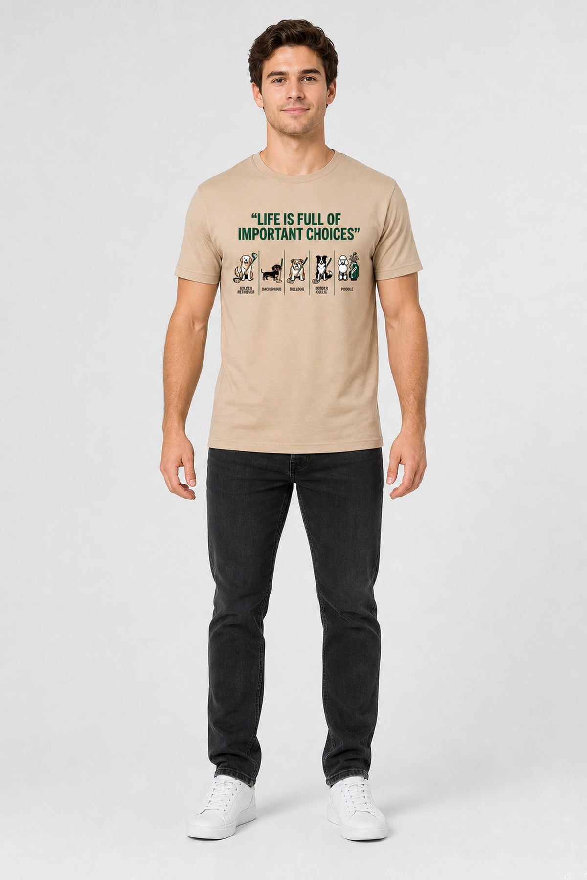 White t-shirt with dog golf life is full of choices print, unisex crew neck