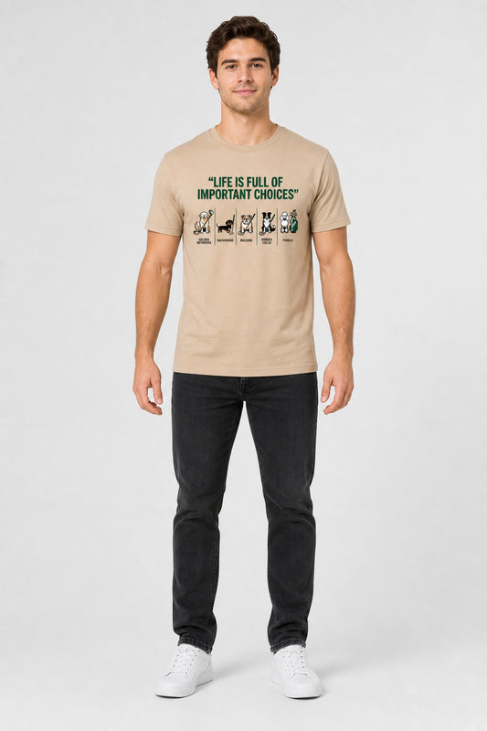 White t-shirt with dog golf life is full of choices print, unisex crew neck