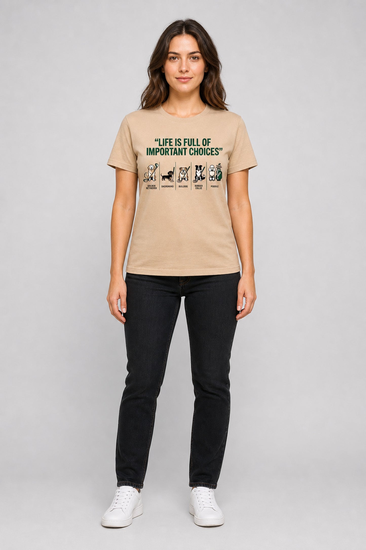 Woman wearing white t-shirt with dog golf life is full of choices print