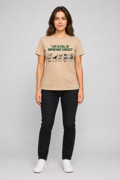 Woman wearing white t-shirt with dog golf life is full of choices print