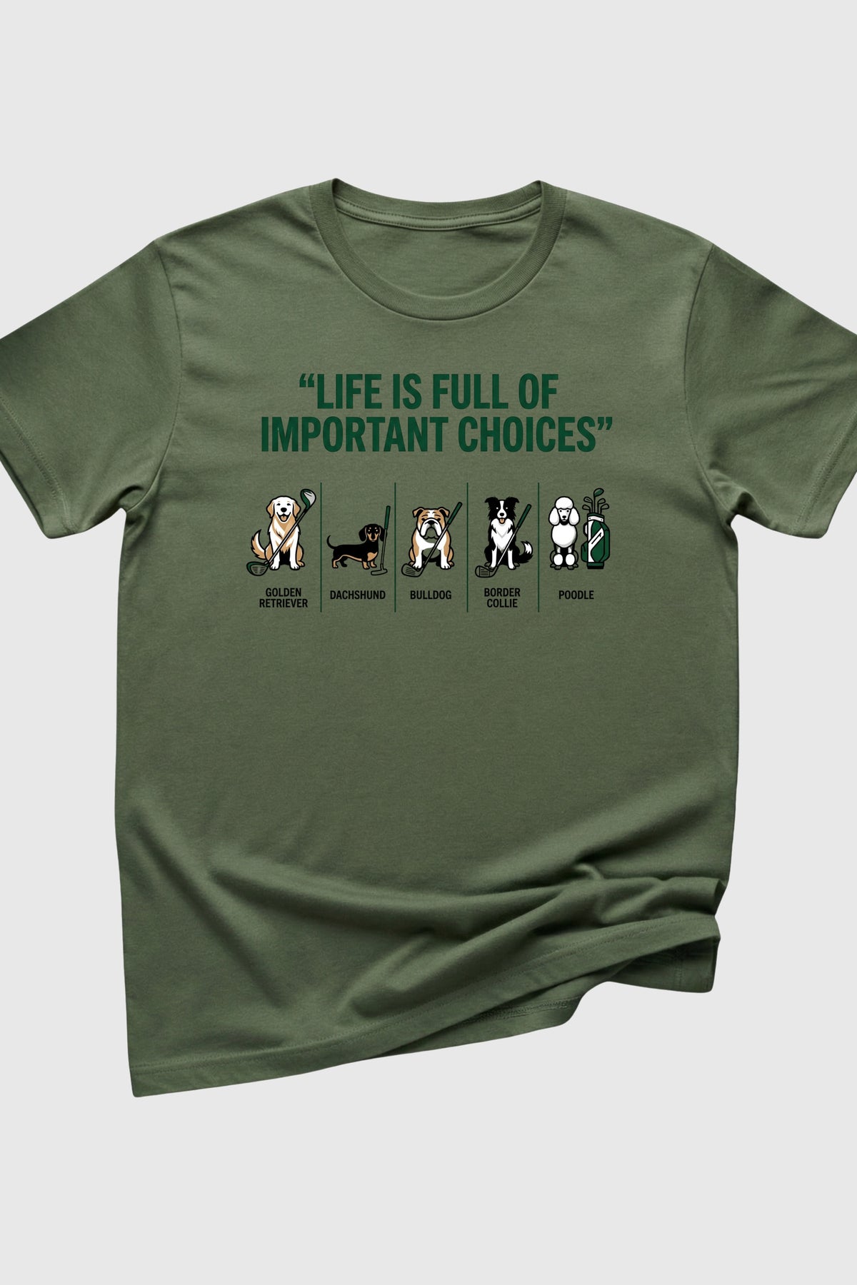 Navy t-shirt with dog golf life is full of choices print, unisex crew neck