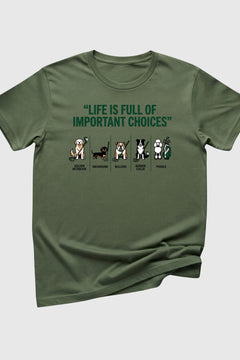Navy t-shirt with dog golf life is full of choices print, unisex crew neck