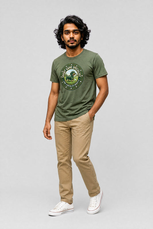 Woman wearing white t-shirt with dachshund golf short game specialist print