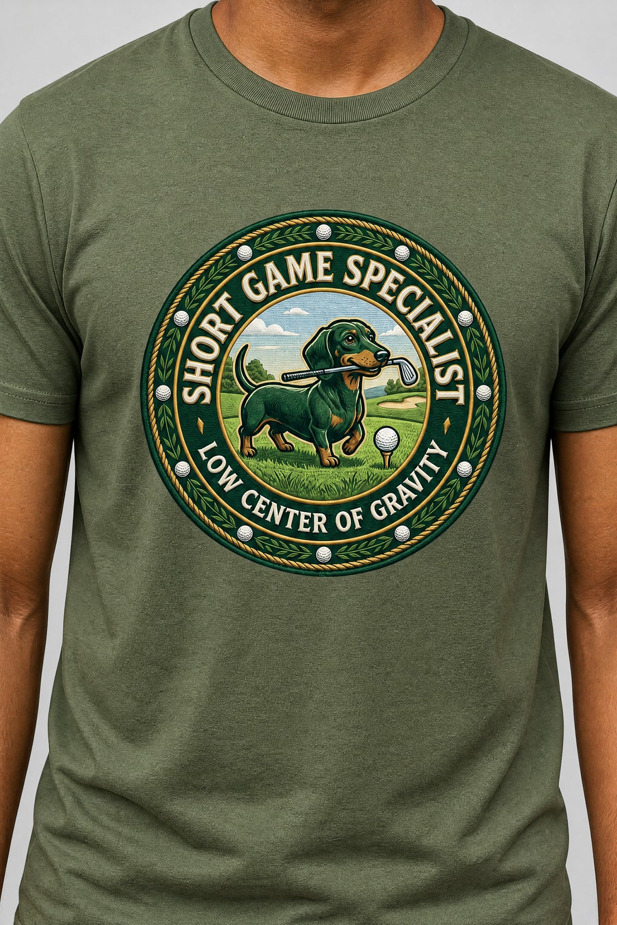 Dachshund golf short game specialist print close-up on white t-shirt
