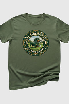 Black t-shirt with dachshund golf short game specialist print, unisex crew neck
