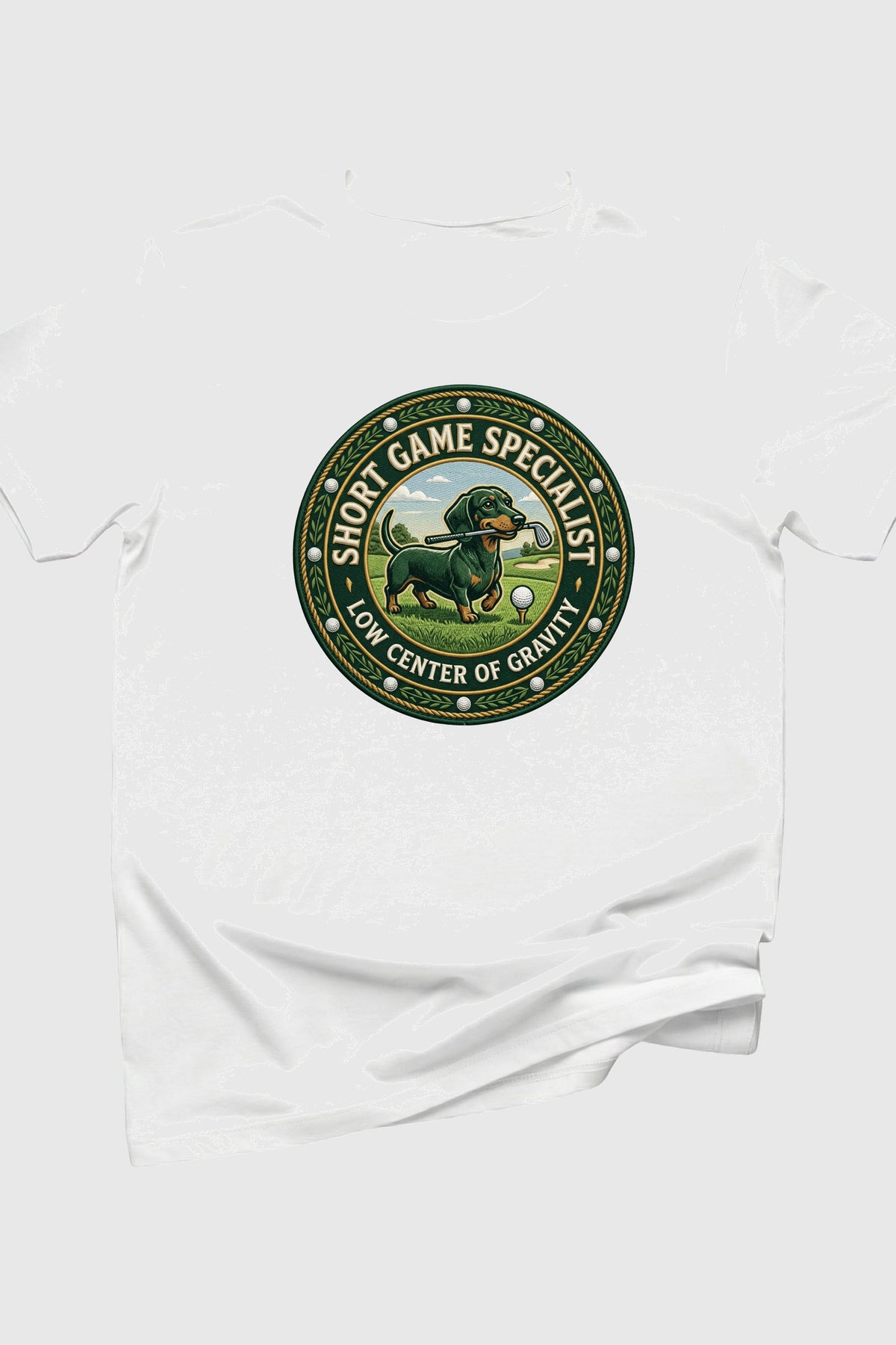 Heather gray t-shirt with dachshund golf short game specialist print, unisex crew neck